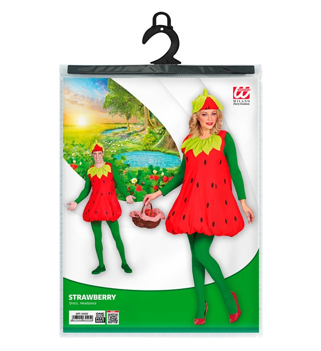 Rotes Erdbeere-Kleid mit schwarzen Punkten und grünem Kopfschmuck auf weißem Hintergrund
