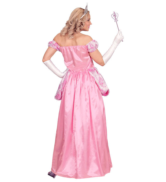 Prinzessinnen-Kostüm mit voluminösem Reifrock, Handschuhen, Halsband und Diadem auf weißem Hintergrund