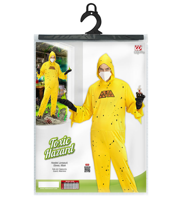 TOXIC HAZARD Schutzoverall mit Kapuze, Handschuhen und Maske für Fasnacht