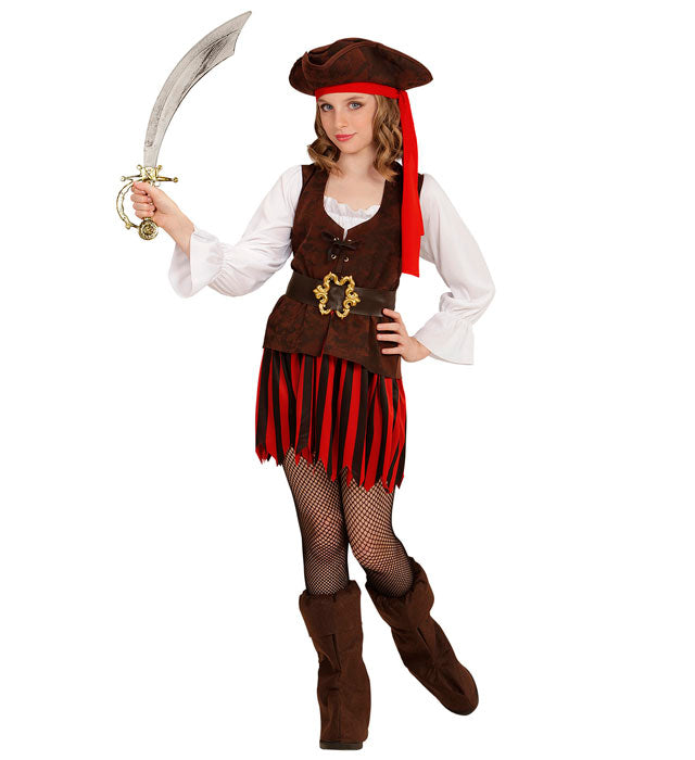 Piratenmädchen-Kostüm der Karibik mit Hut, Gürtel und Stiefelüberziehern