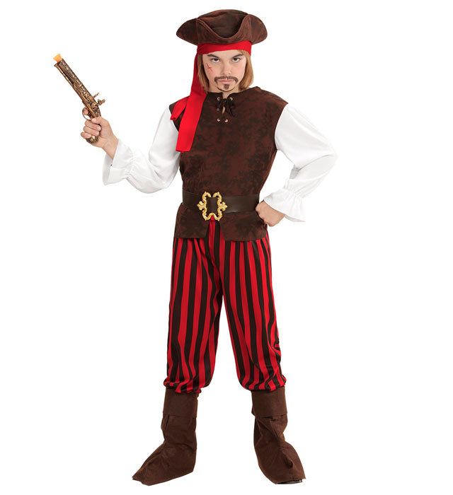 Piratenkostüm mit Hemd, Weste, Hose, Gürtel, Stiefelüberzieher, Stirnband und Piratenhut