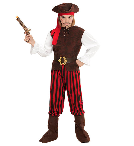 Piratenkostüm mit Hemd, Weste, Hose, Gürtel, Stiefelüberzieher, Stirnband und Piratenhut