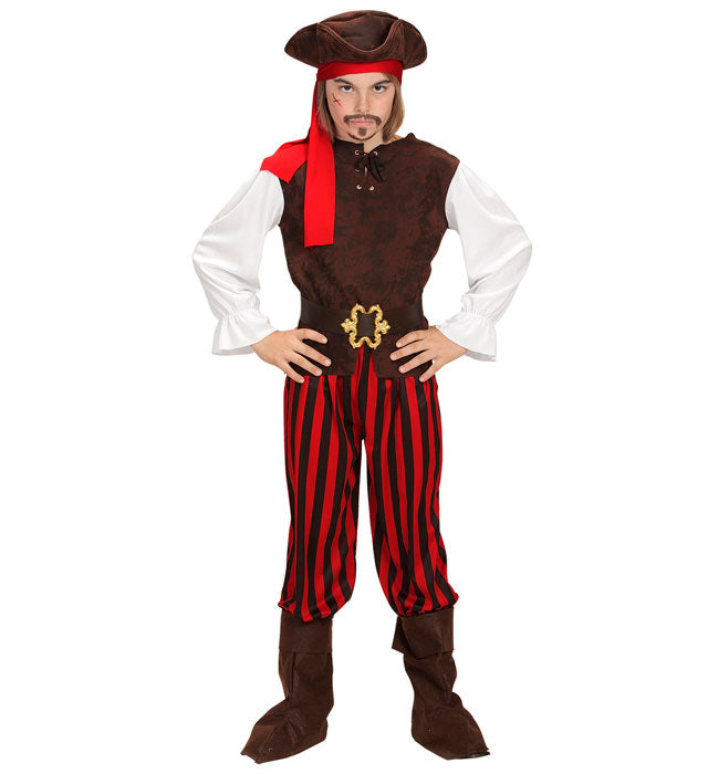 Piratenkostüm mit Hemd, Weste, Hose, Gürtel, Stiefelüberzieher, Stirnband und Piratenhut