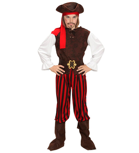 Piratenkostüm mit Hemd, Weste, Hose, Gürtel, Stiefelüberzieher, Stirnband und Piratenhut