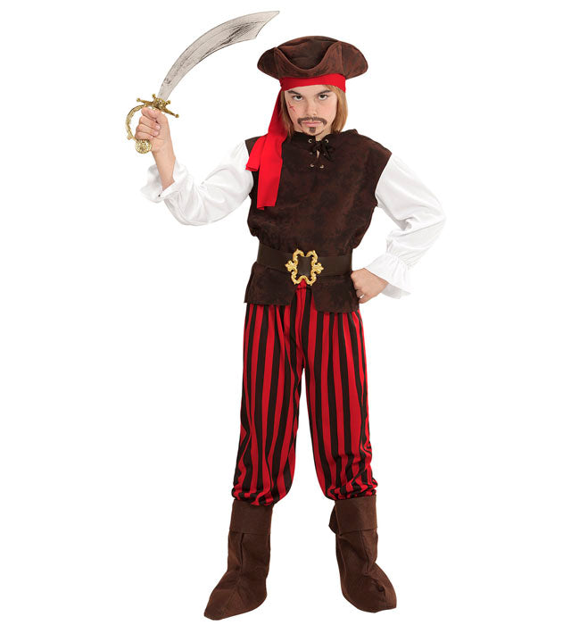 Piratenkostüm mit Hemd, Weste, Hose, Gürtel, Stiefelüberzieher, Stirnband und Piratenhut