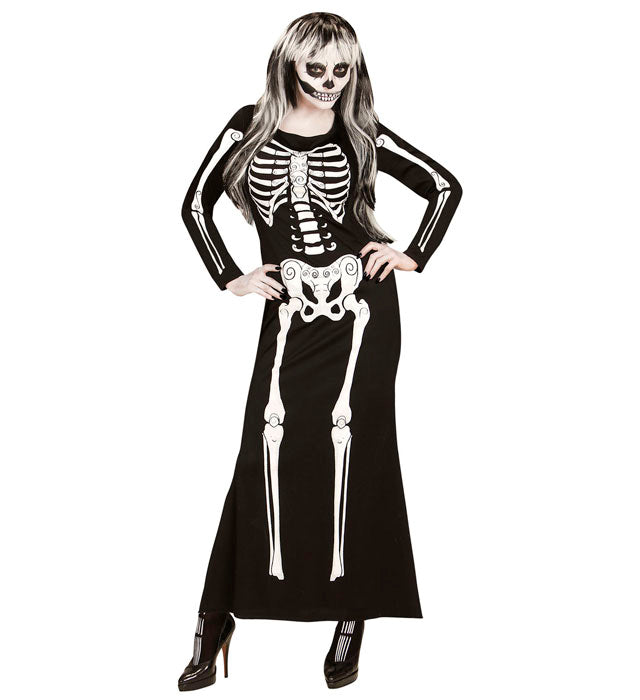 Elegantes Skelett-Kleid mit detailreichem Skelett-Print für Fasnacht und Karneval