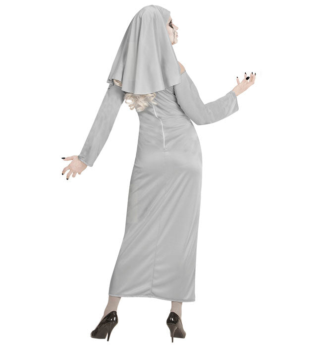 Geisternonne Kostüm mit schwarzem Gewand und weißer Haube für Fasnacht