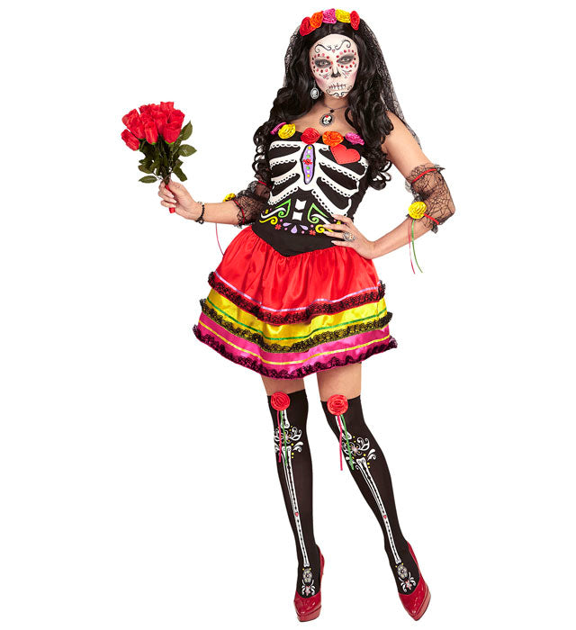 Día de los Muertos Kostüm Set mit Kleid, fingerlosen Handschuhen, Überkniestrümpfen und Kopfschmuck mit Schleier