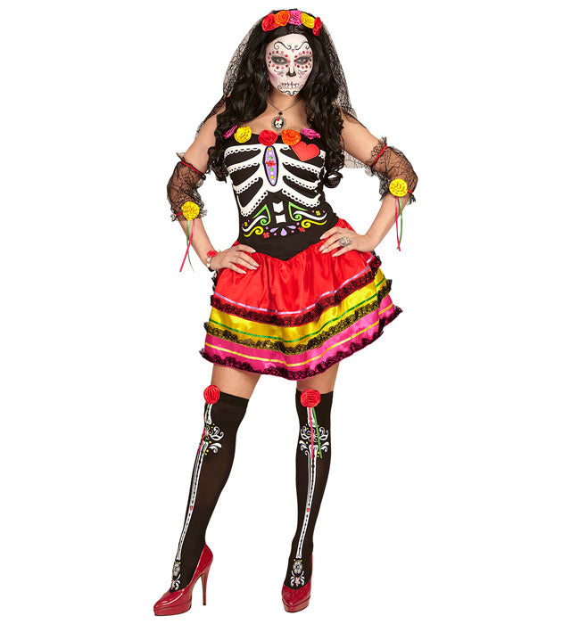 Día de los Muertos Kostüm Set mit Kleid, fingerlosen Handschuhen, Überkniestrümpfen und Kopfschmuck mit Schleier