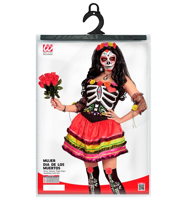 Día de los Muertos Kostüm Set mit Kleid, fingerlosen Handschuhen, Überkniestrümpfen und Kopfschmuck mit Schleier