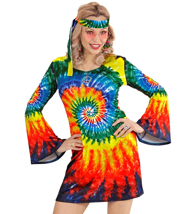Psychedelic Hippie Girl Kostüm mit buntem Kleid und Stirnband