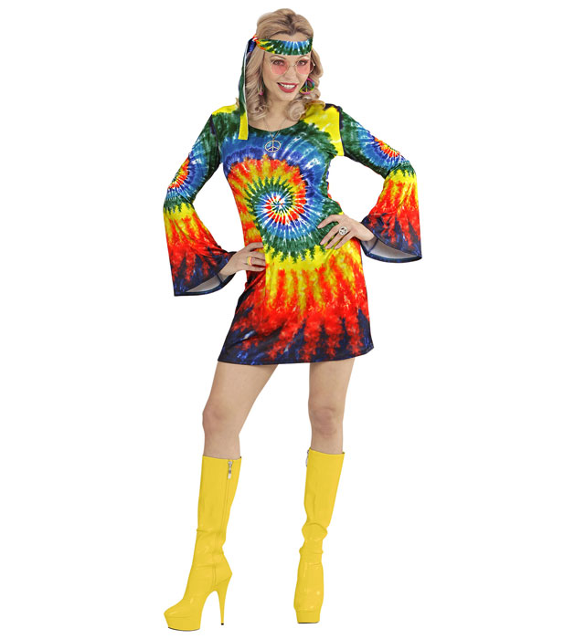 Psychedelic Hippie Girl Kostüm mit buntem Kleid und Stirnband