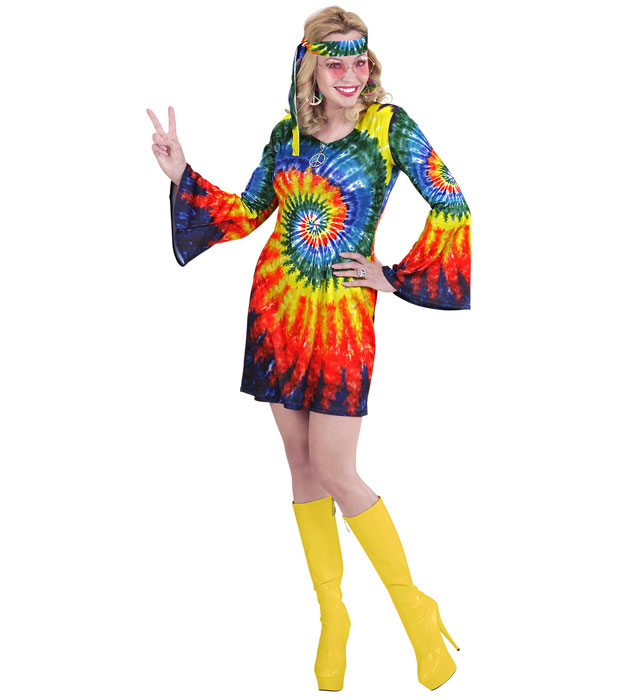 Psychedelic Hippie Girl Kostüm mit buntem Kleid und Stirnband