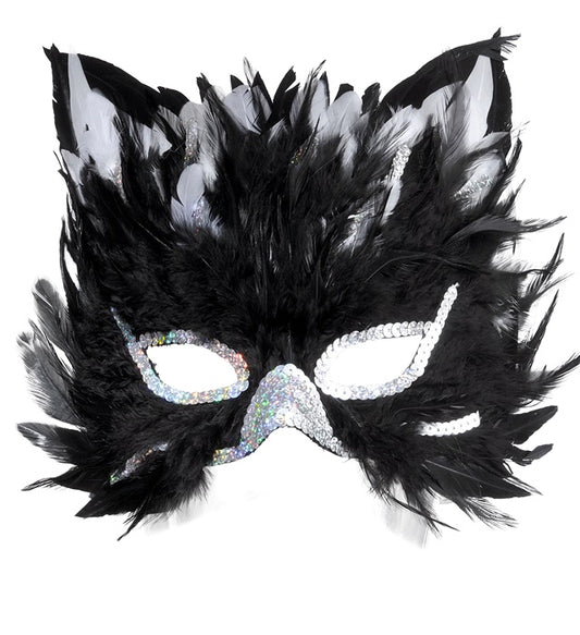 Schwarze Katzen-Federmaske mit Federn für Fasnacht und Karneval