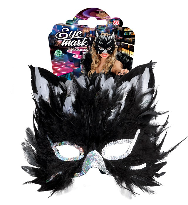 Schwarze Katzen-Federmaske mit Federn für Fasnacht und Karneval
