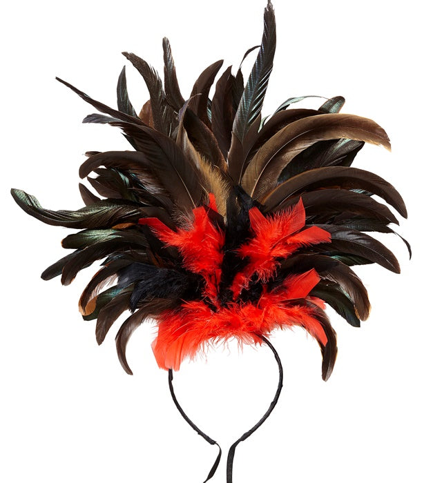 Federhaarreif in Schwarz und Rot mit auffälligen Federn, ideal für Fasnacht und Karneval