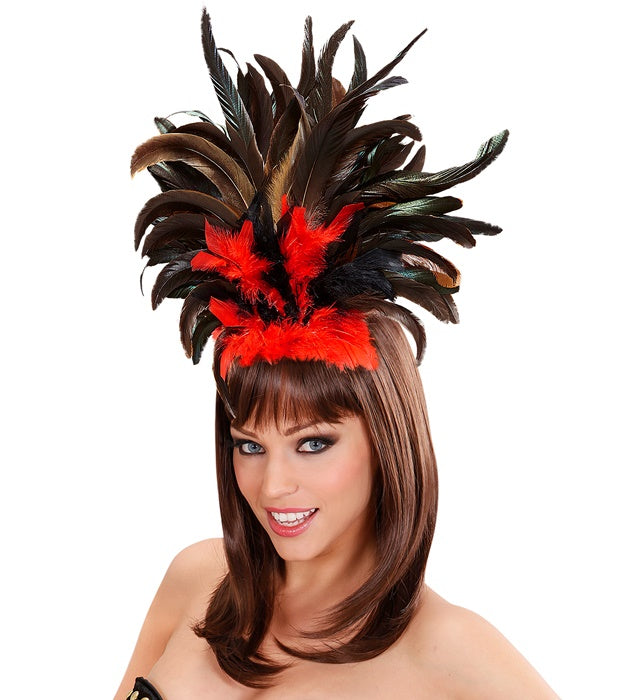 Federhaarreif in Schwarz und Rot mit auffälligen Federn, ideal für Fasnacht und Karneval