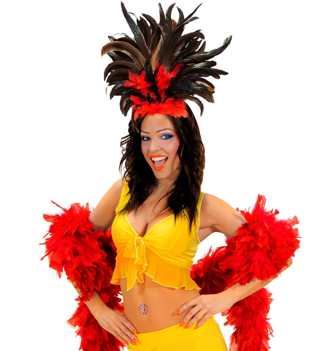 Federhaarreif in Schwarz und Rot mit auffälligen Federn, ideal für Fasnacht und Karneval