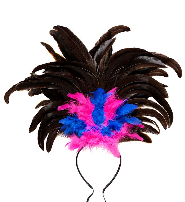 Federhaarreif schwarz mit rosa und blauen Federn für Fasnacht