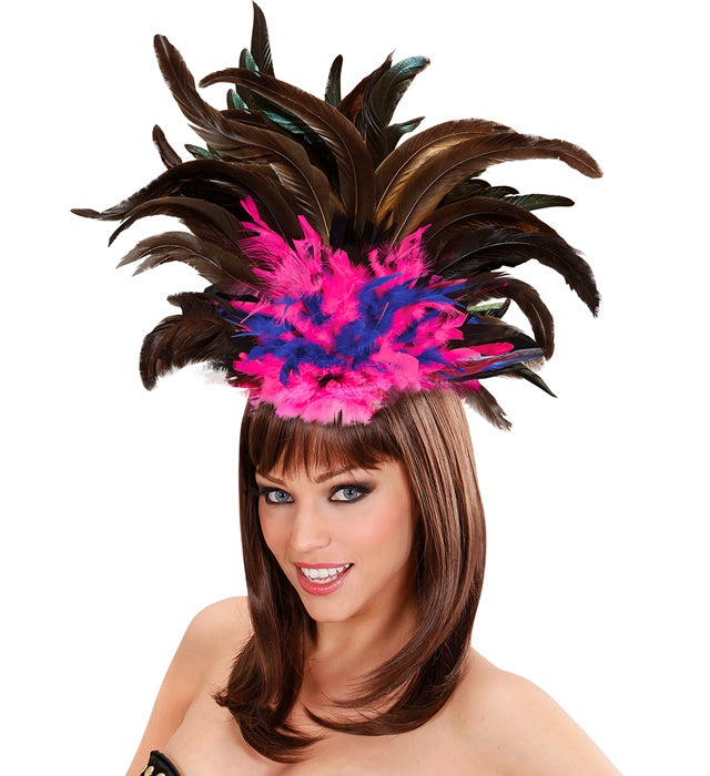 Federhaarreif schwarz mit rosa und blauen Federn für Fasnacht