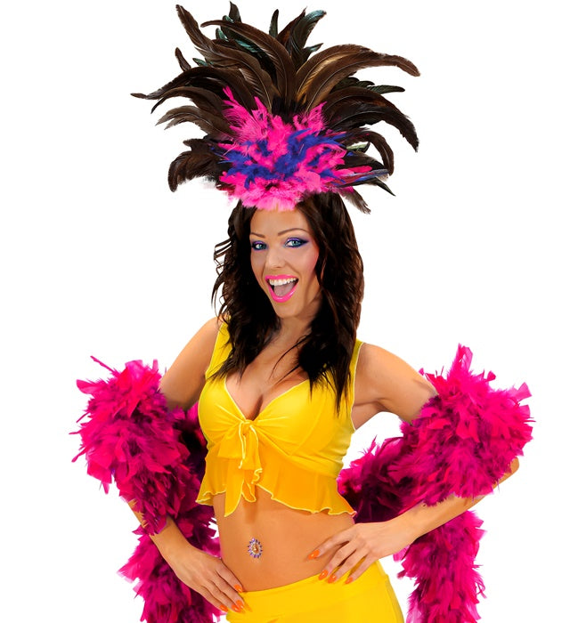 Federhaarreif schwarz mit rosa und blauen Federn für Fasnacht