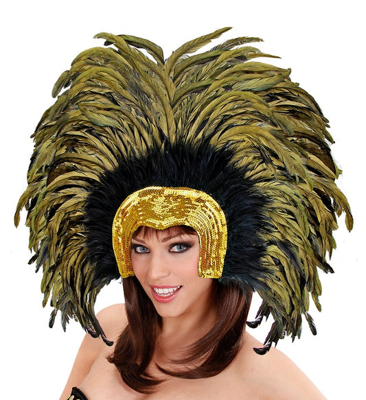 Goldener Federkopfschmuck mit prächtigen Federn für Fasnacht und Karneval