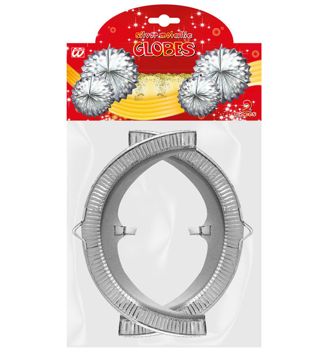 Set aus zwei metallisierten Silber-Globen mit 25 cm Durchmesser als Fasnachtsdekoration