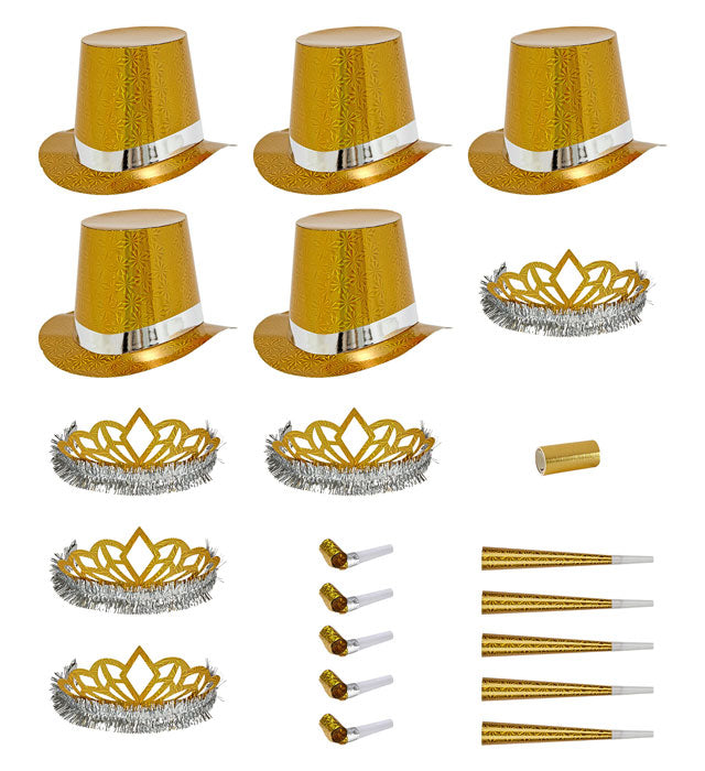 Holografisches Party Kit Las Vegas Gold mit glänzenden goldenen Accessoires