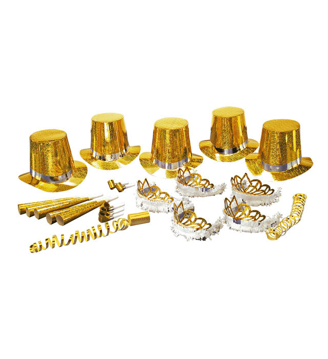 Holografisches Party Kit Las Vegas Gold mit glänzenden goldenen Accessoires