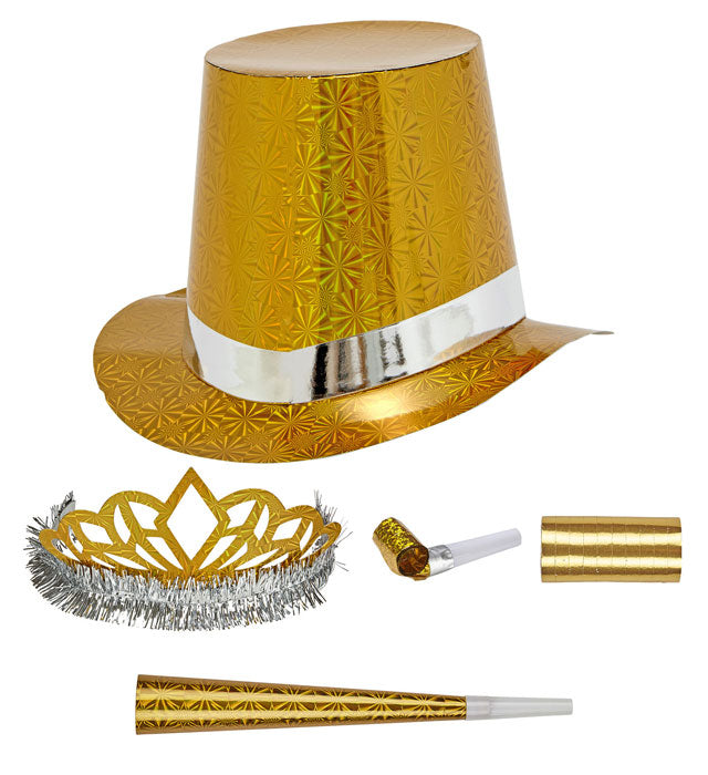 Holografisches Party Kit Las Vegas Gold mit glänzenden goldenen Accessoires