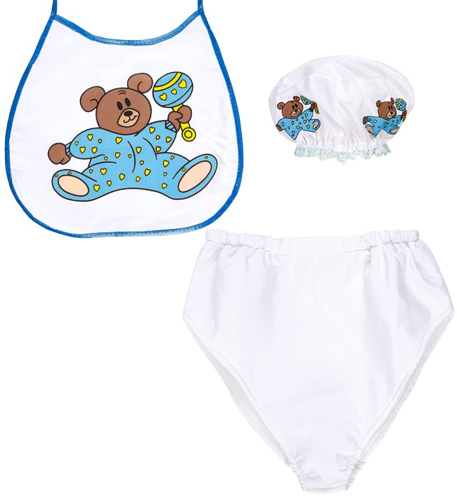 Blaues Baby Verkleidungsset mit Haube, Lätzchen und großer Windel für Fasnacht