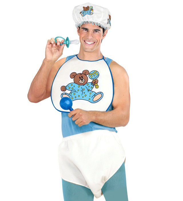 Blaues Baby Verkleidungsset mit Haube, Lätzchen und großer Windel für Fasnacht