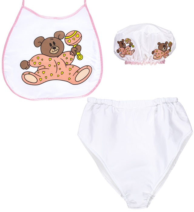 Rosa Baby Verkleidungsset mit Haube, Lätzchen und Riesenwindel für Fasnacht