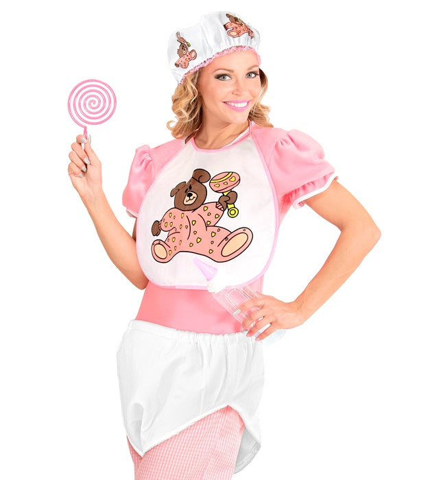Rosa Baby Verkleidungsset mit Haube, Lätzchen und Riesenwindel für Fasnacht
