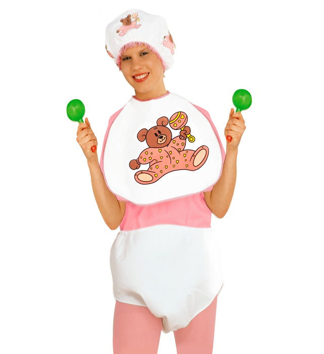 Rosa Baby Verkleidungsset mit Haube, Lätzchen und Riesenwindel für Fasnacht