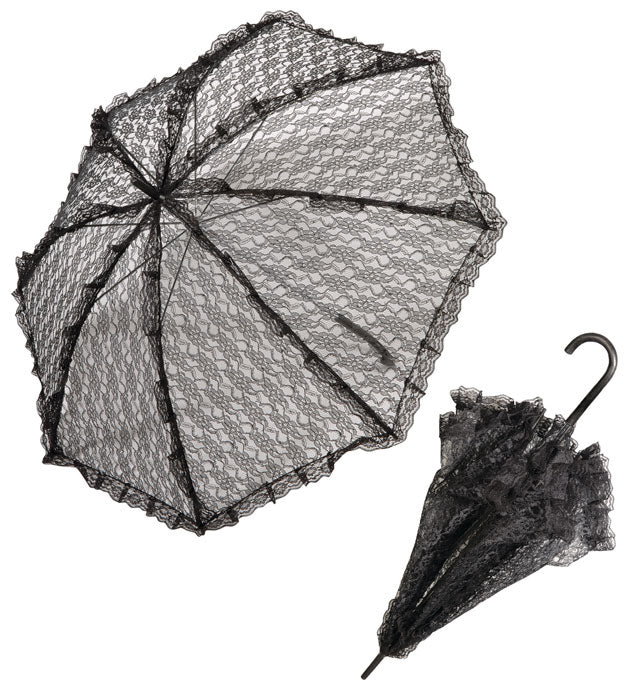 Schwarzer Spitzen-Schirm mit ca. 83 cm Durchmesser auf weißem Hintergrund