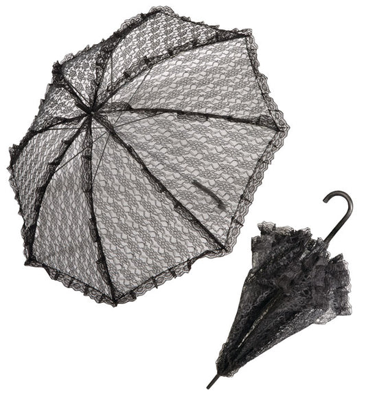 Schwarzer Spitzen-Schirm mit ca. 83 cm Durchmesser auf weißem Hintergrund