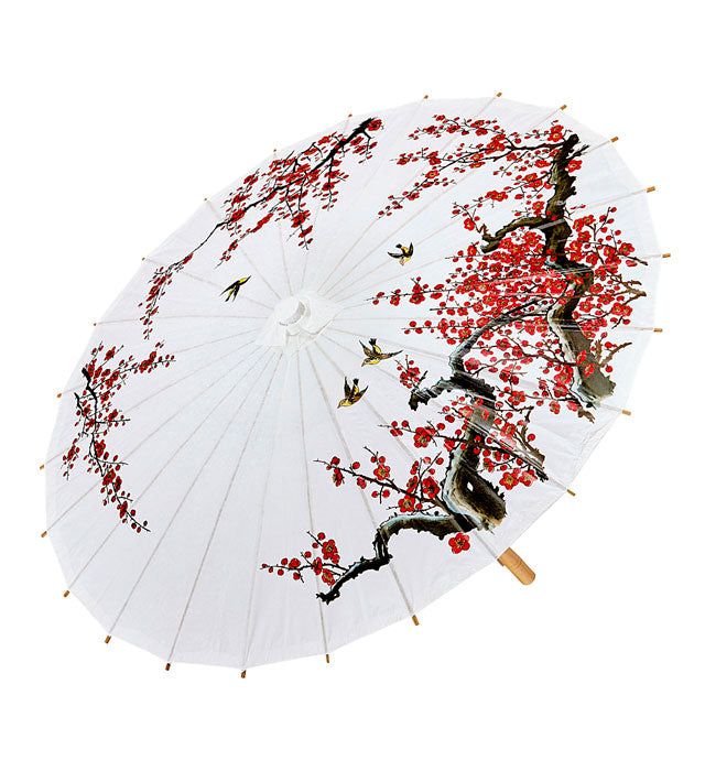 Weisser Sonnenschirm aus Reispapier mit orientalischer Holzstruktur, ø 84 cm