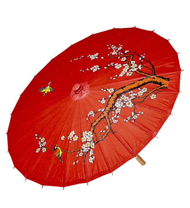 Roter Reispapier-Sonnenschirm mit orientalischer Holzstruktur, Durchmesser 84 cm