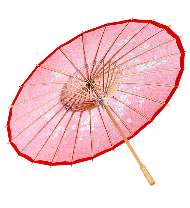 Roter Reispapier-Sonnenschirm mit orientalischer Holzstruktur, Durchmesser 84 cm