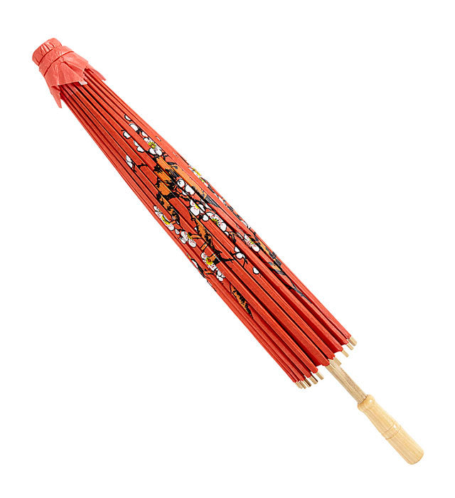 Roter Reispapier-Sonnenschirm mit orientalischer Holzstruktur, Durchmesser 84 cm