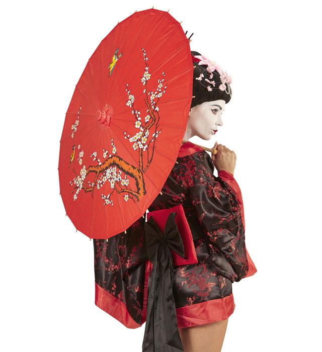 Roter Reispapier-Sonnenschirm mit orientalischer Holzstruktur, Durchmesser 84 cm