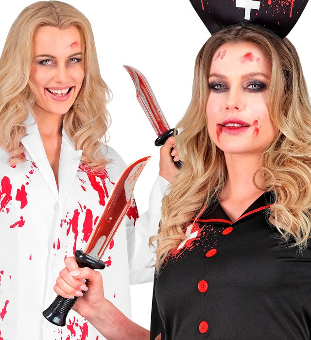 Blutiges Messer 34 cm mit realistischem Bluteffekt als Kostümzubehör