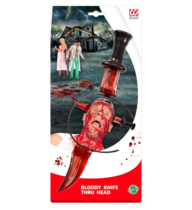 Blutiges Messer, das scheinbar durch den Kopf steckt – gruselige Halloween-Deko