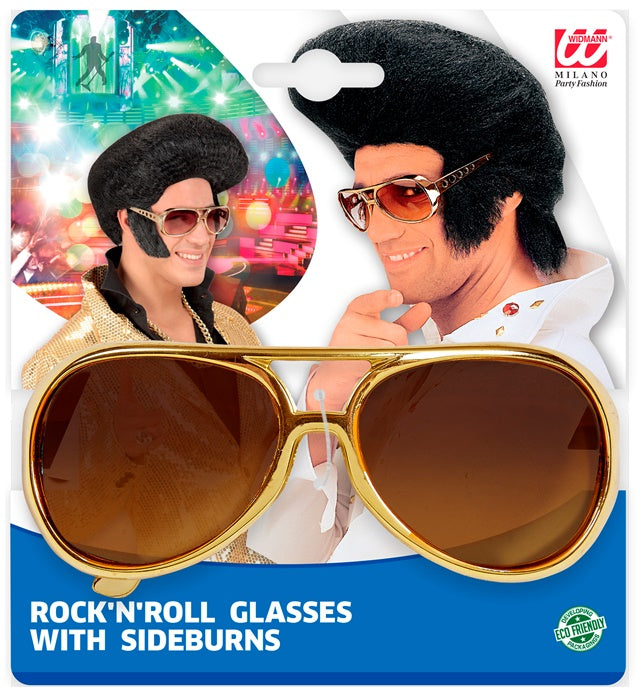 Rock'n'Roll Brille mit schwarzen Koteletten als Fasnachts-Accessoire