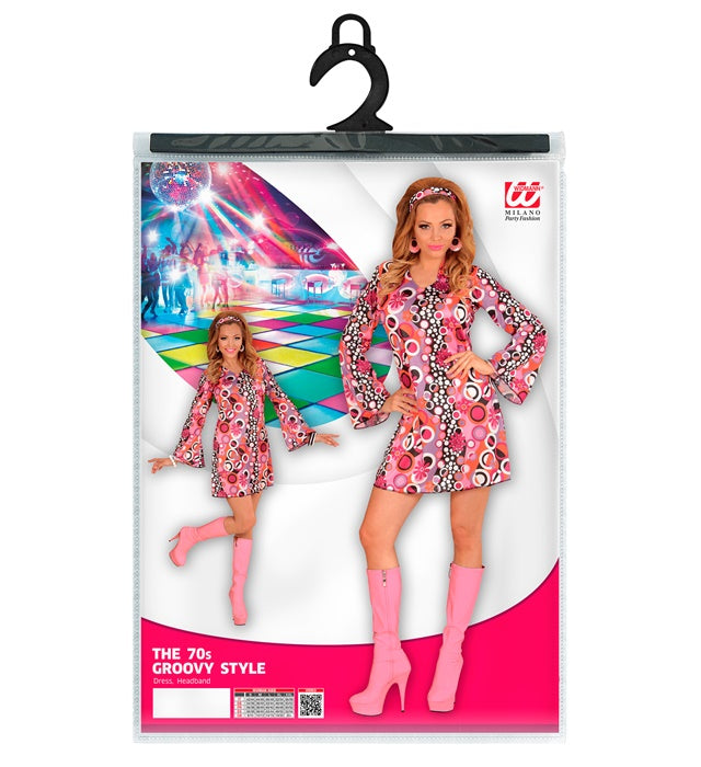 Pinkes 70er Jahre Mini-Kleid mit kleinen Blasenmustern und passendem Stirnband