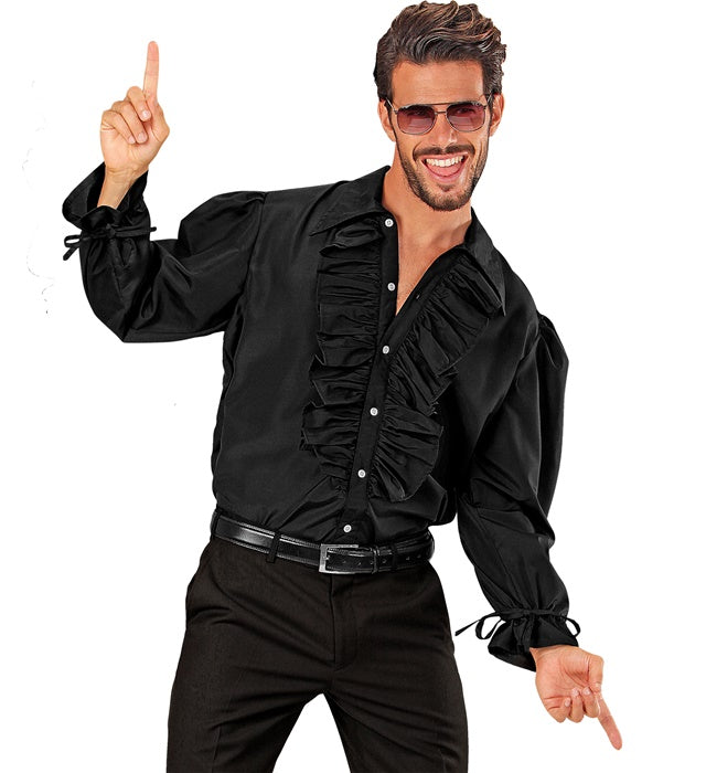 Schwarzes Rüschenshirt mit Rüschenkragen und Ärmeln für Mittelalter- und Gothic-Kostüme
