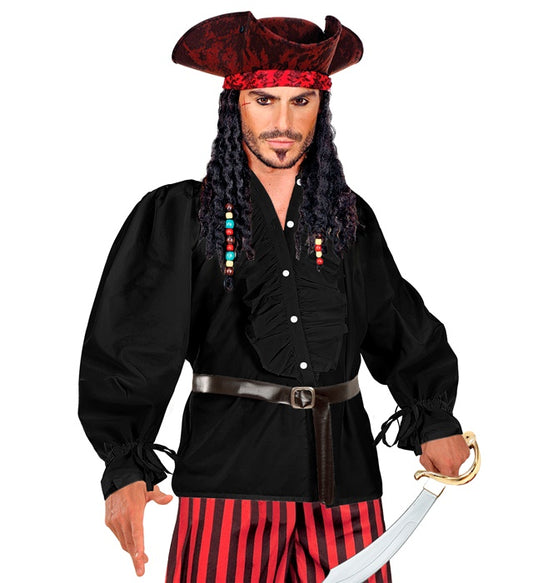 Schwarzes Rüschenshirt mit Rüschenkragen und Ärmeln für Mittelalter- und Gothic-Kostüme