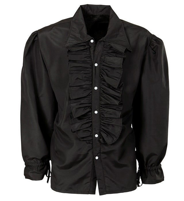 Schwarzes Rüschenshirt mit Rüschenkragen und Ärmeln für Mittelalter- und Gothic-Kostüme