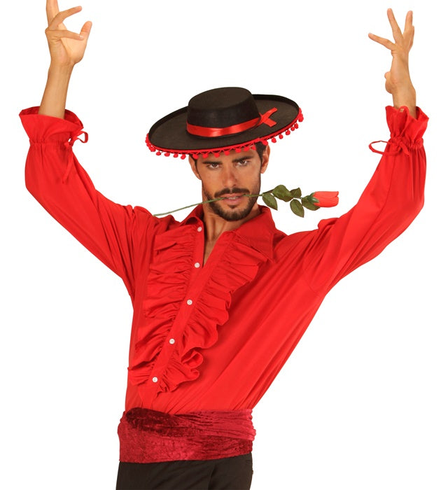 Rotes Rüschenshirt mit langen Ärmeln für Mittelalter- und Gothic-Kostüme